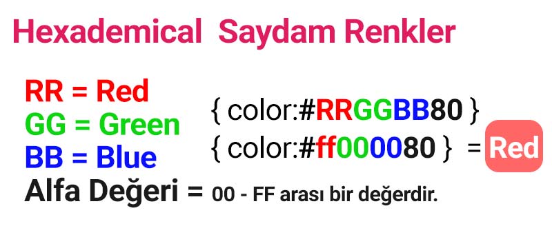 hexademical saydam renkler css